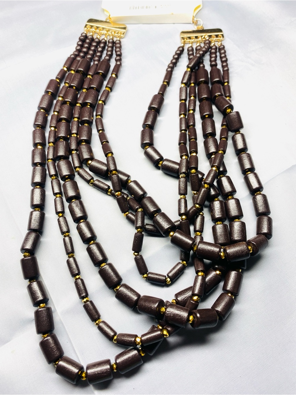Layered Dark Brown Beaded Necklace with Gold Accents